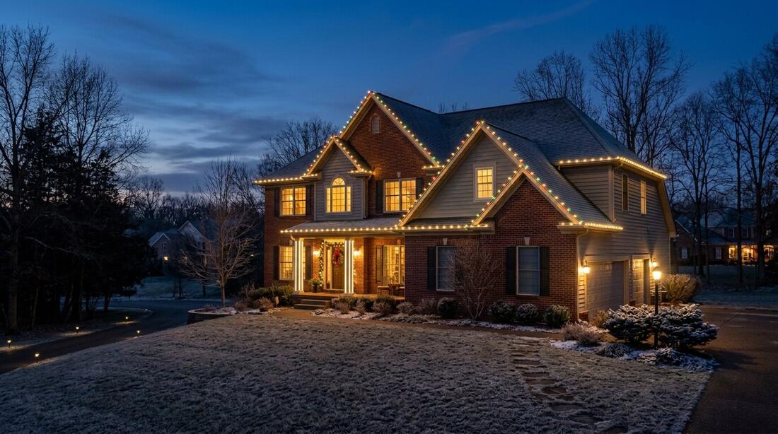 Brick home at dusk with permanent LED lights under the eaves in Lexington, KY
